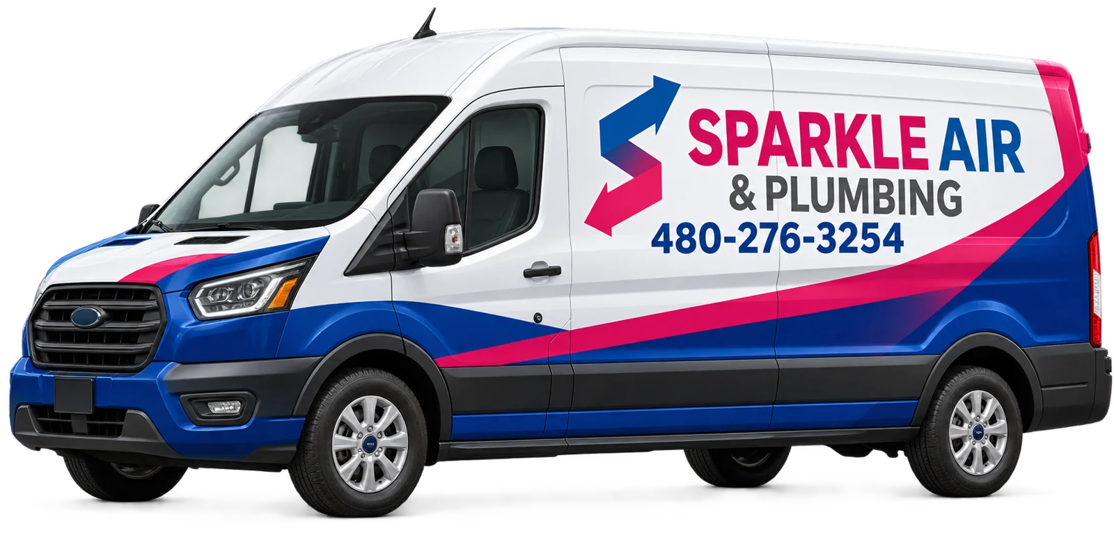 New Sparkle Air & Plumbing branded service van concept with blue and magenta wrap
